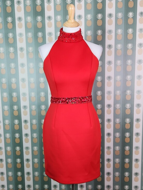 Jovani Dresses & Skirts - Jovani Red High-Neck Sequin Belt Sheath Dress